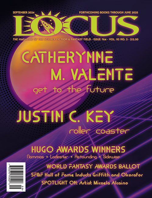 locus magazine cover with purple text and black background, advertising september issue