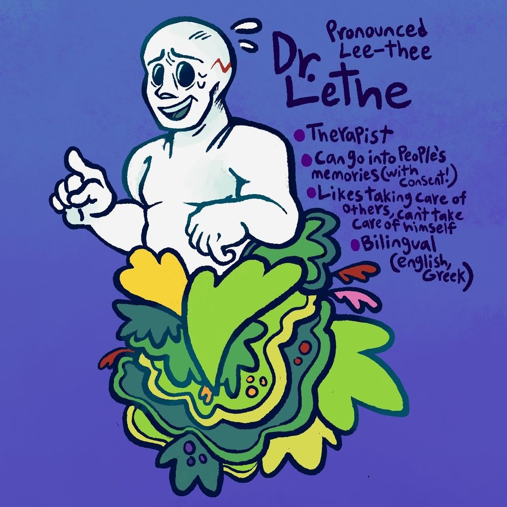 A bald blank man covered in plants. He looks worried and is gesturing with one finger as if he wants to butt into a conversation