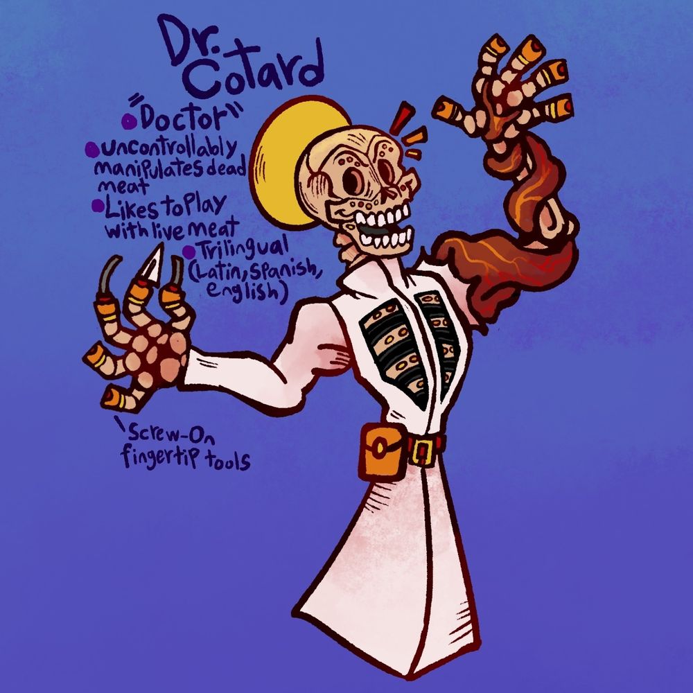 A mad scientist who is also a skeleton. He is raising one arm up, revealing that his lab coat is torn and that his arm is covered in flesh.