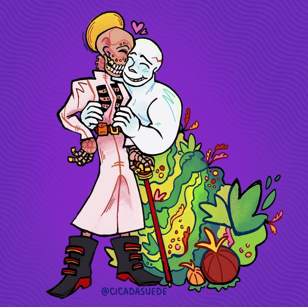 A drawing of a skeleton and bald blank guy covered in plants holding each other in a loving embrace 💖