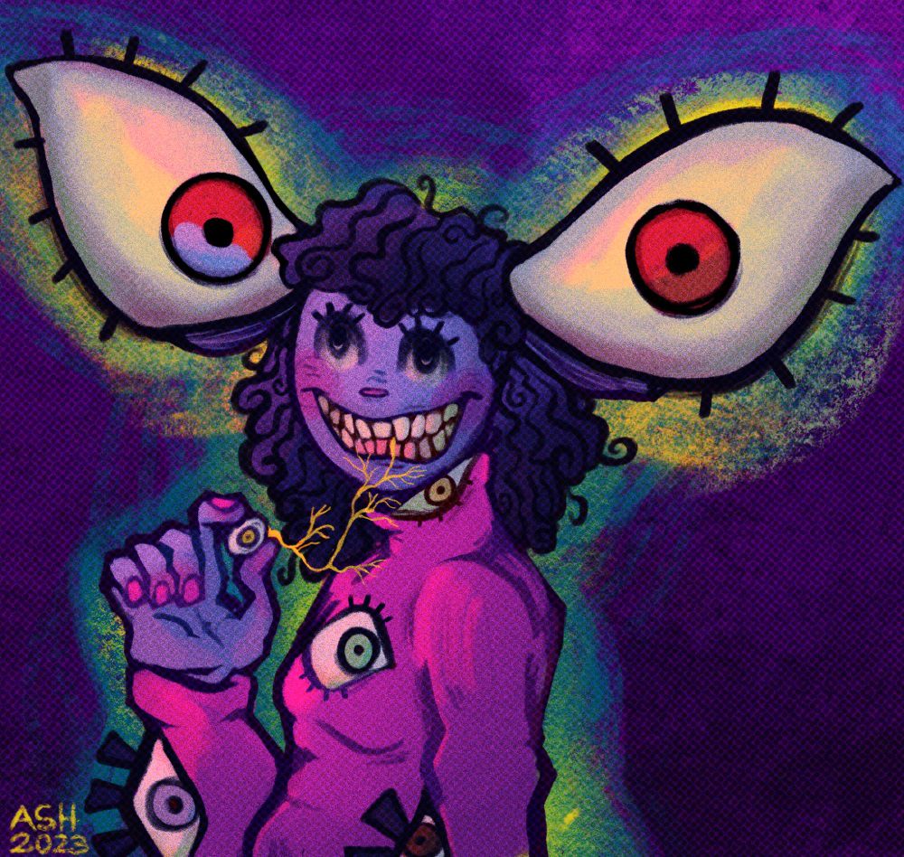 A purple human-like creature stands sideways and has her head turned to the camera. The eyes on her face are false, the real ones cover her, the two biggest ones look like ears. She is squishing an eye and nibbling on some eye nerves mmm yummers