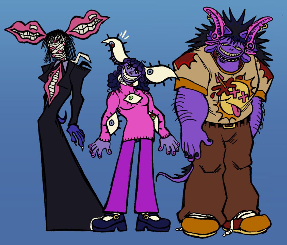 Three purple humanoids stand in a line. From left to right, one wears a black dress and bandages over her head. She is adorned in mouths. The center sister wears bright pink clothes. She is adorned in eyes. The sister on the right wears a tan t shirt and brown baggy pants, she is adorned in ears.