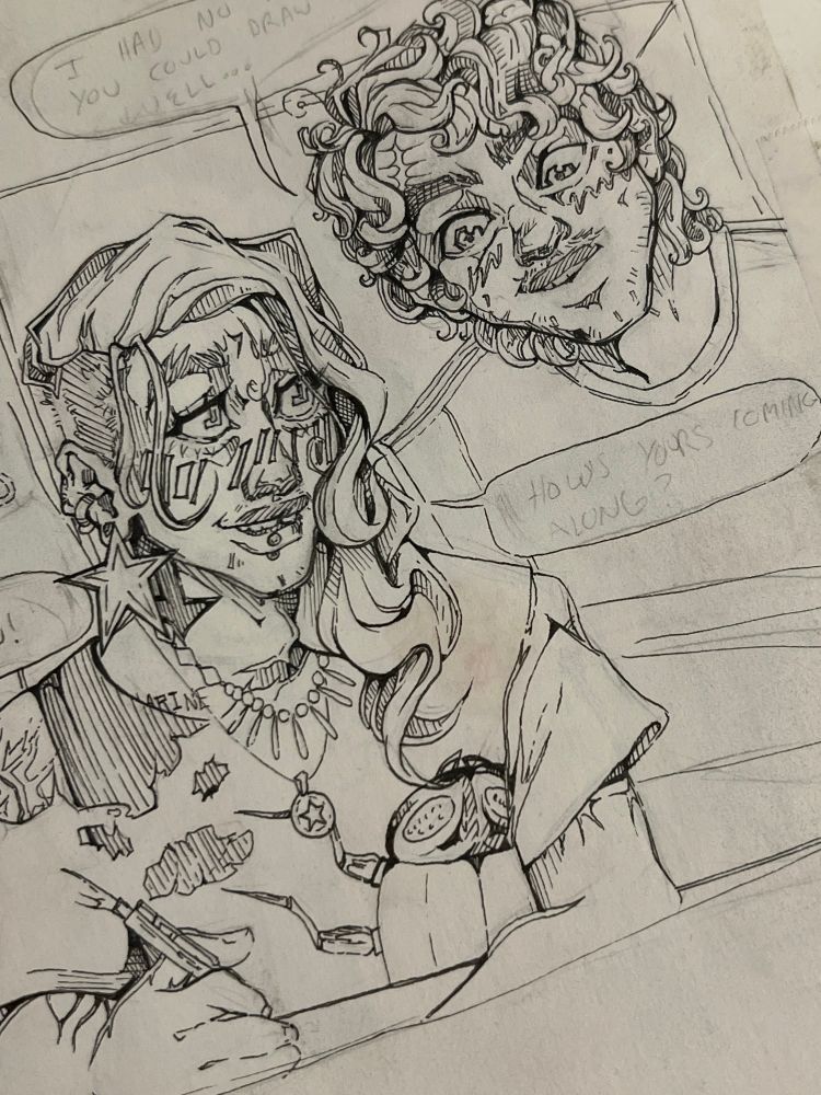 Inked illustration from a one page comic, depicting my characters Diego and Sam talking to one another with animated expressions. 