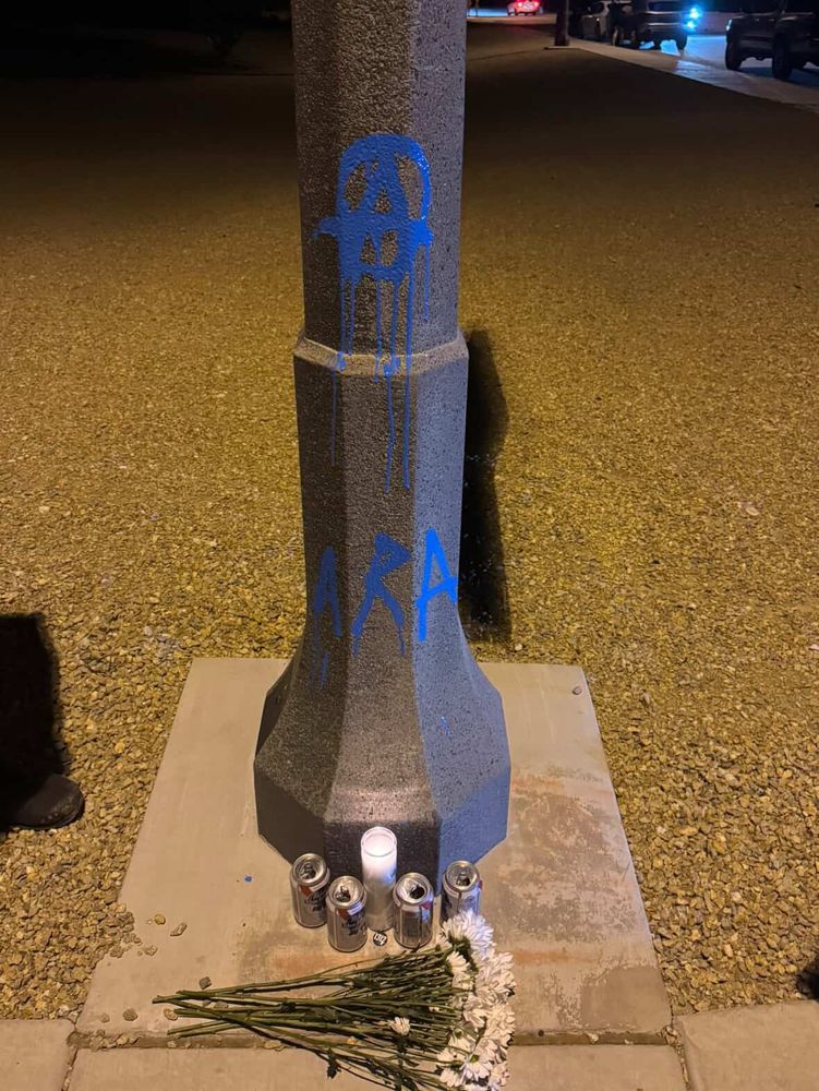 Picture of Dan and spits memorial with 4 PBR beers, a bouquet of daisies, a. Candle, a 1312 pin in the center and ARA (anti racist action) tagged above it