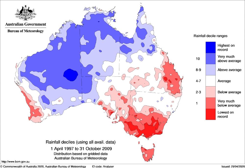Map from the Australian Bureau of Meteorology showing rainfall in Australia between 1997 and 2009. This shows that during this time, drought was severe in the southeast and southwest, but northern and outback Australia experienced a wet period.