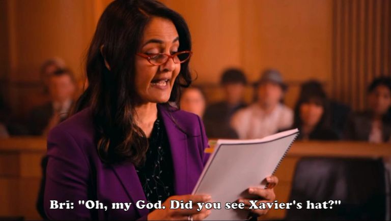 I think you should leave meme featuring a woman in court reading a chat log as evidence saying "Bri: Oh, my God. Did you see Xavier's hat"