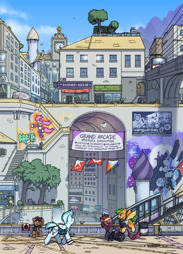 A young blue pegasus pony, Concorde, walks on a cobblestone plaza overlooking a dramatic vista of a city, with impossible vertical construction like a ten storey tall arcade with a city street on top, and an eclectic mixture of medieval, georgian and victorian architexture, with sleek modern additions and urban greenspaces, and adorned with flags, banners and murals celebrating the neighbourhood's autonomy and self-governance, and other initiatives like a federated community kitchen system, a tool library, and a people's committee. A billboard advertises Her Majesty's Vanguard. There are trains, bicycles and pedestrians, and the only motor vehicle is a single city services van.