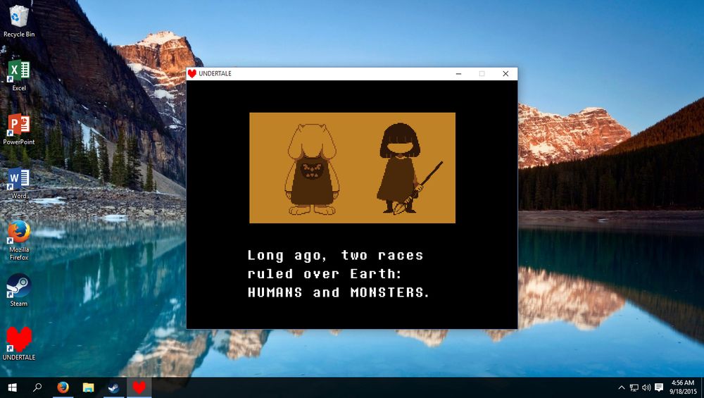 undertale 1.00 running on windows 10 build 10240 (RELEASE DAY) with old versions of firefox and steam on the desktop and taskbar open with the date set to 2015