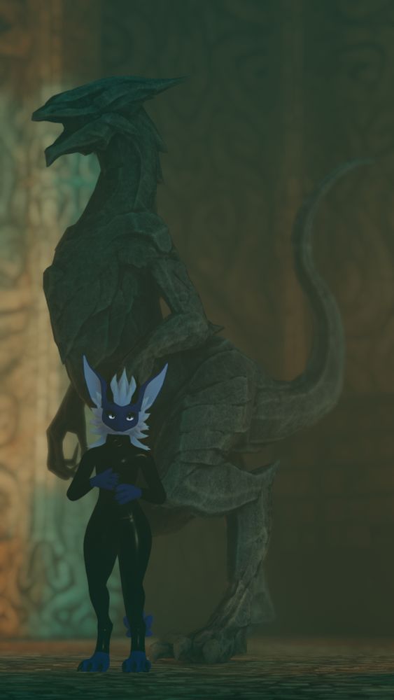 nardo nardoragon vrchat vr dragon derg femboy furry scalie latex rubber collar bodysuit shocked surprised statue dinosaur theropod size difference