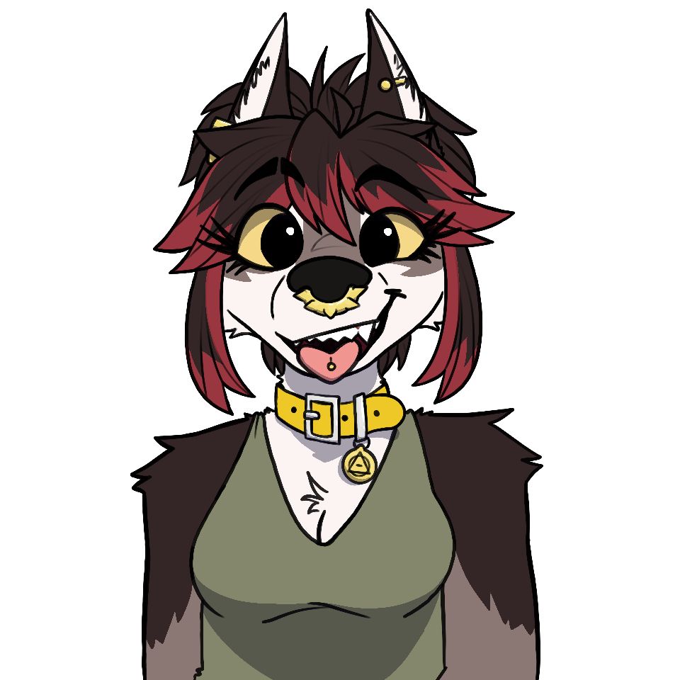 a wolf girl looking at the camera with a goofy grin and her tongue sticking out