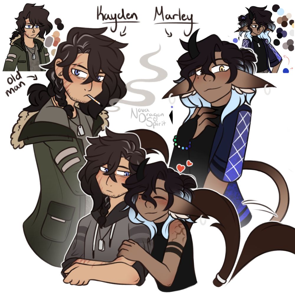 Multiple drawings of two OCs; a half body drawing of an OC named Kayden on the left, brown hair that's graying, smoking, dressing in a simple shit and an army-like coat with dog tags around his neck-- and Marley on the right, a trans-man, half-demon having a more open posture, dressing in a simple skin-sight turtle neck and open shirt. The thirsty drawing of them is of them together with Marley hugging Kayden at his side.
