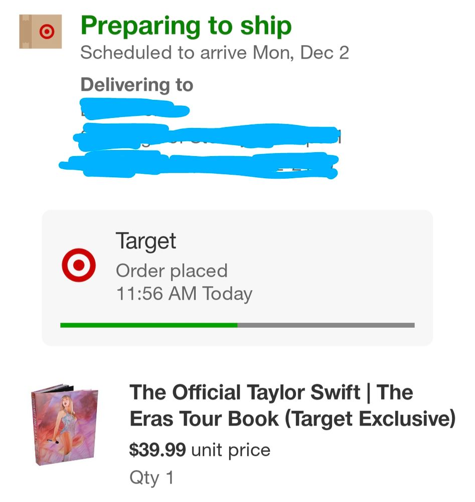 A screenshot of a Target order confirmation showing The Official Taylor Swift | The Eras Tour Book being prepared to ship and scheduled to arrive on Mon, Dec 2