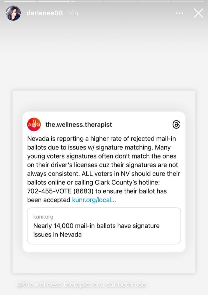 Image of a screenshot informing young voters/ anyone in the NV state to call Clark County's hotline for curing or checking mail in ballot status. 

Phone number displayed is (702) 455-8683