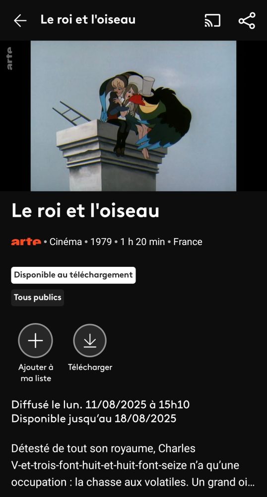 Capture d'écran du site internet FranceTV avec le film d'animation "Le roi et l'oiseau"