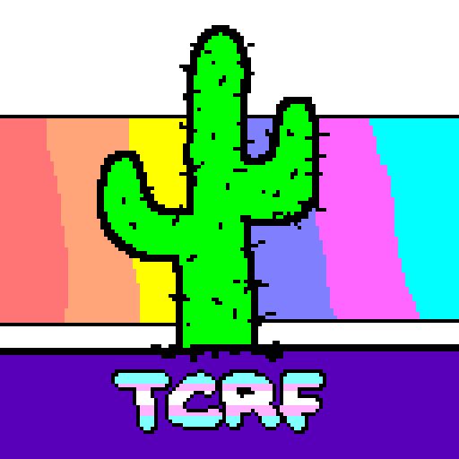 the discord server icon, which is a saguaro cacti on a pastel rainbow flag, with "tcrf" written below it