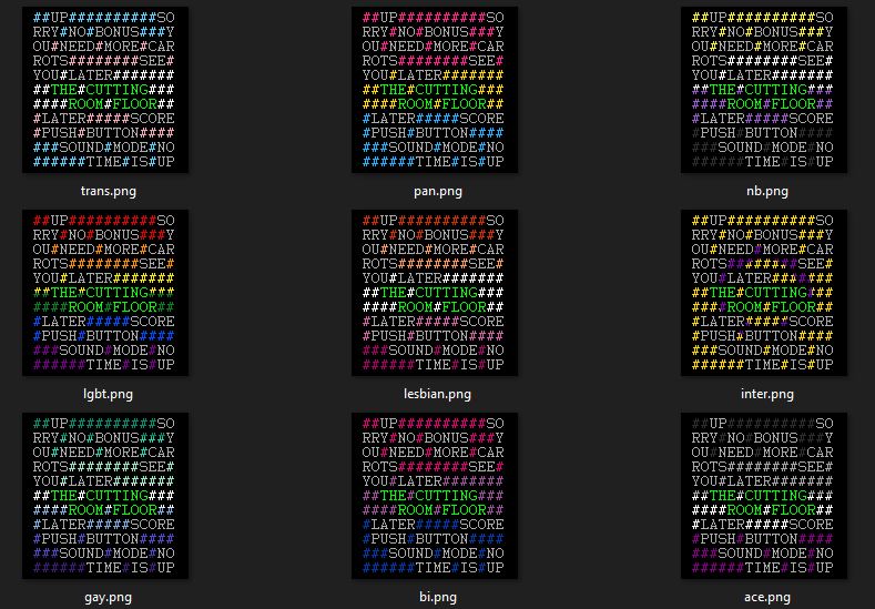 the nine pride logos used on tcrf.net; trans, pan, nb, lgbt, lesbian, intersex, gay, bi, ace