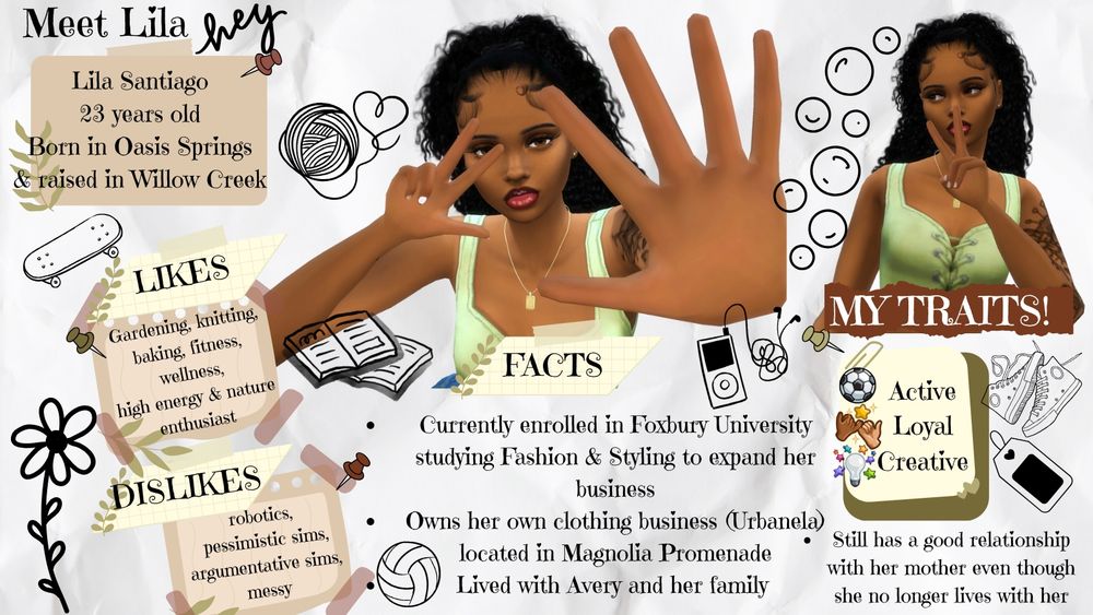 character sheet for Lila describing her likes/dislikes, traits and facts about her