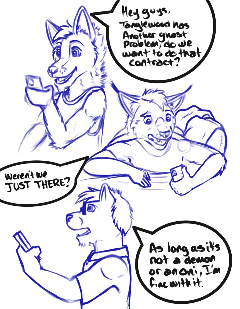 While discovering shapes for each of these individuals, we had some discussions about our next investigation.
Lazarus, AKA Ears, is above in casual clothing chatting with Seeker and Church in a group call, asking the group if they would like to revisit a location that had been haunted a second time. 
Seeker, next down, is responding in confusion to the situation as to how they had just been at the location while in a relaxed position on their bed.
Church is responding in opposition to the investigation if they are required to encounter an oni or a demon while walking.