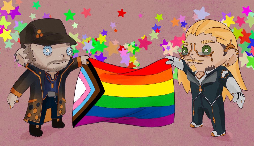 digital fanart of albrecht and loid from warframe as floofs holding a progress flag between them and neon colored cartoon stars behind them. arttag