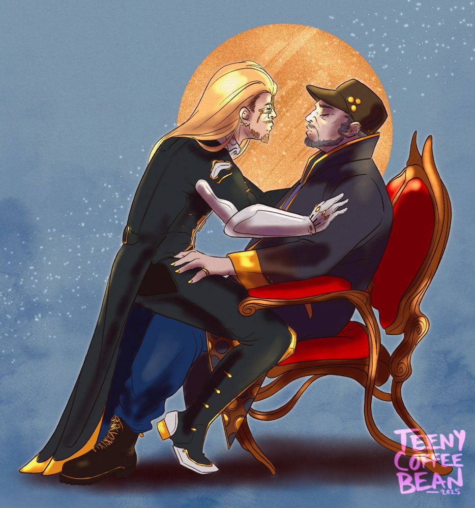 digital fanart of albrecht and loid from warframe. albrecht is seated in one of the red and gold entrati chairs while loid straddles his knees on his lap, both are going in for a lil kissy. arttag 