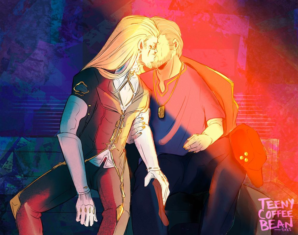 digital fanart of albrecht and loid from warframe sharing a kiss with a pink filtered light over them. arttag