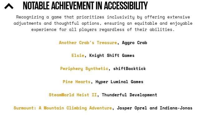 A screenshot from the indie games awards website. It shows the headline “notable achievement in accessibility” Pine Hearts, developed by Hyper Luminal Games is listed in the nominations 