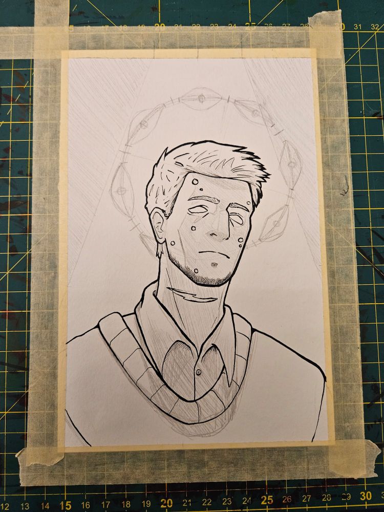 A traditional drawing of Jonathan Sims from The Magnus Archives. He is a thin man with several scars, shown from the bust up. There is a circle of eyes, like a halo, behind his head, and his eyes are blank, without pupils or irises. The drawing is clearly a work in progress. 