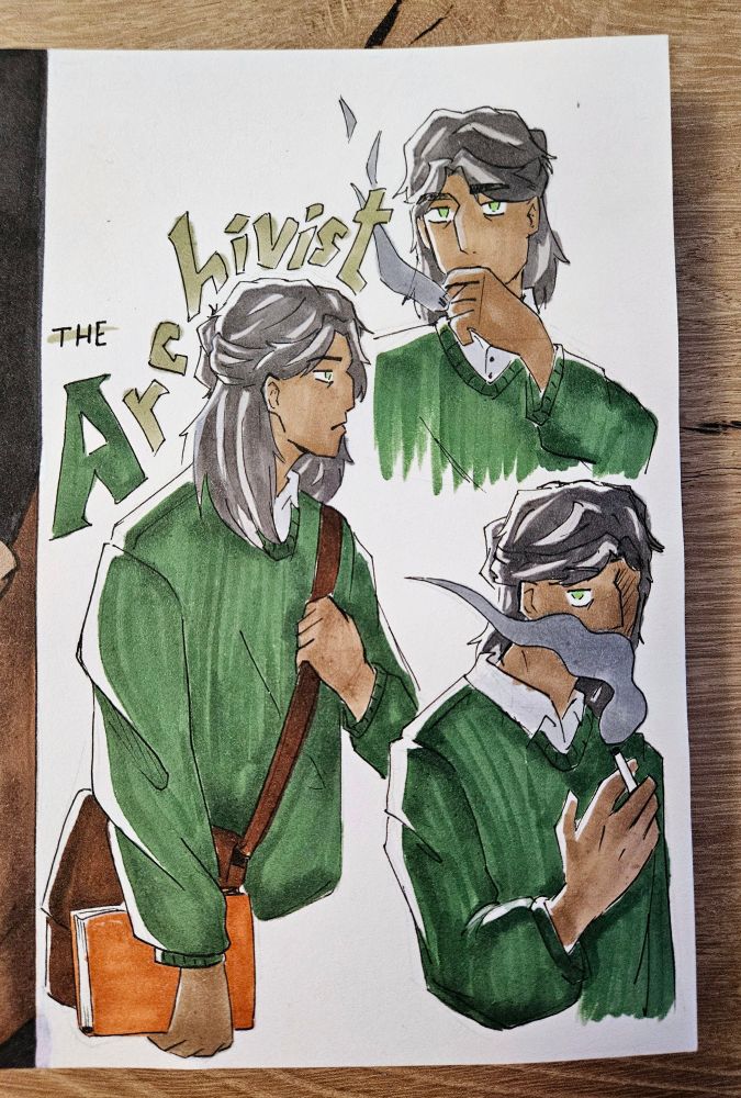 Three traditional drawings of Jonathan Sims from The Magnus Archives. He is a thin brown man with long, black hair streaked with grey, wearing a forest green jumper. 
The first drawing shows his profile, half body, holding a book in his right hand and the strap of his messenger bag with his left. 
The second drawing is a headshot of him smoking. 
The third drawing is again him smoking, with smoke covering the lower part of his face. 