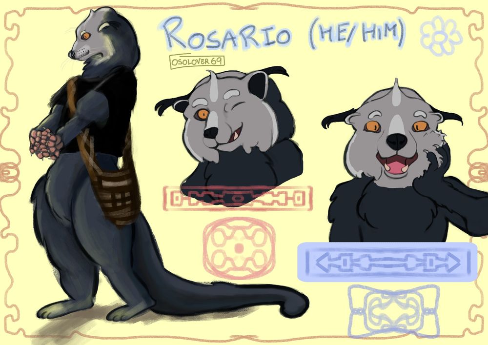 Tres imágenes de una fursona de un manturón/binturón. La primera es de cuerpo entero donde se ve a la fursona con una camiseta negra y un bolso wayú; las otras dos son de busto, con la fursona sonriendo <3