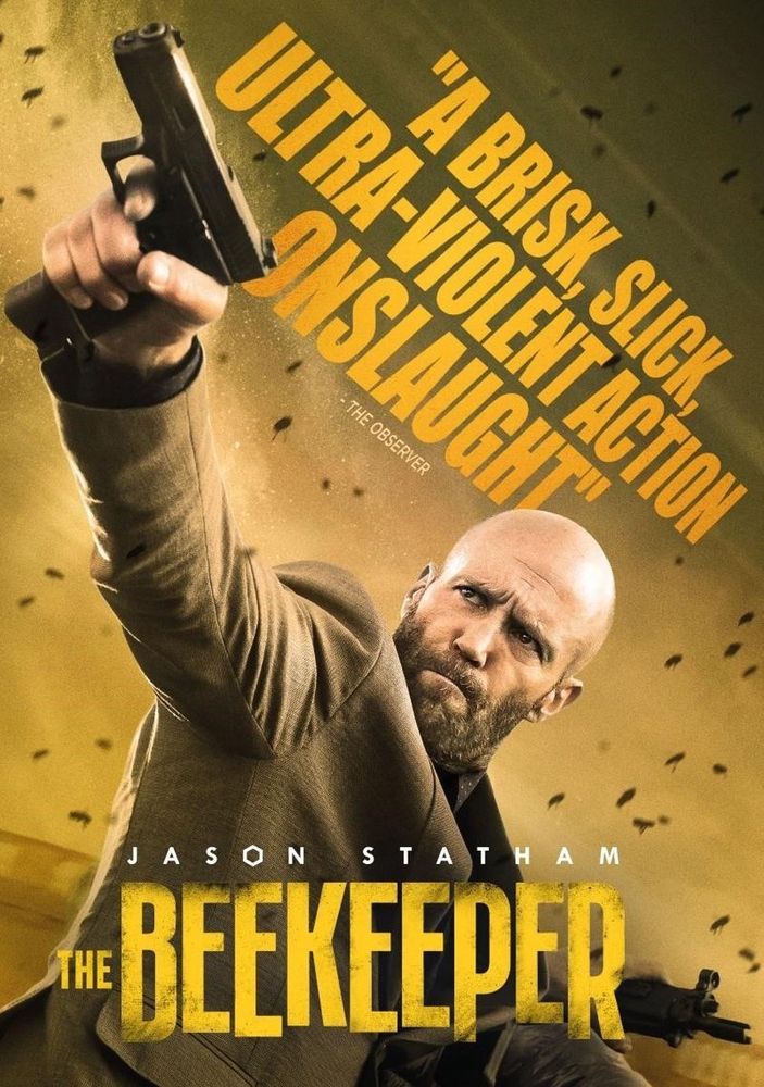 Poster for The Beekeeper featuring Jason Statham, a gun and some bees.