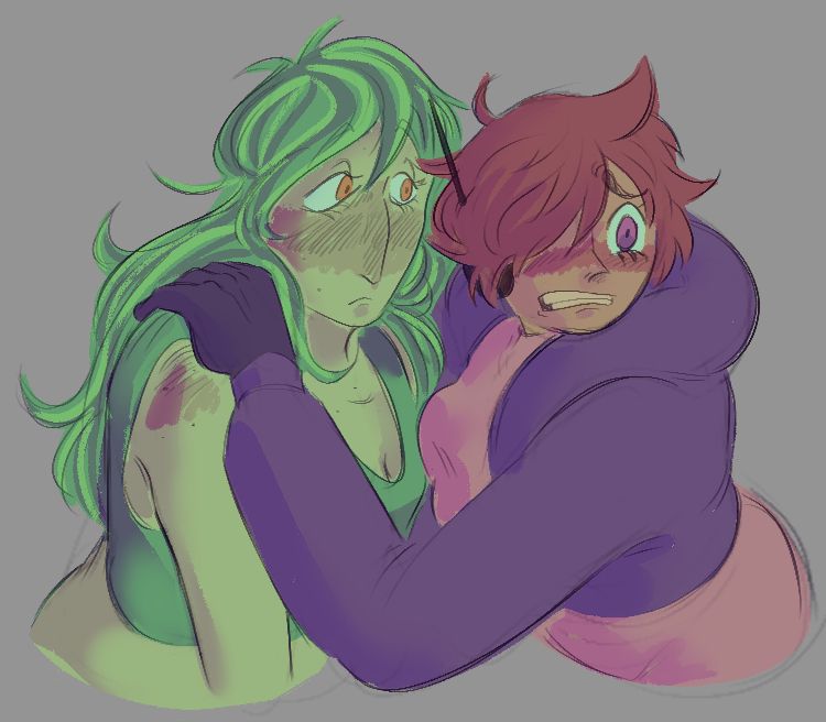 A fanart of Monet and Lilith. Lilith, who is on the right, is holding onto Monet's shoulder with one hand, looking scared at something offscreen. Monet is looking at Lilith with a slight look of surprise and is blushing.