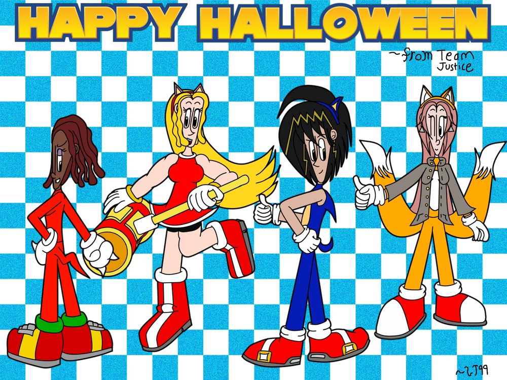 Team Justice, consisting of Zach, Tracy, Sharla, and Jessie, are cosplaying as the central cast of the "Sonic The Hedgehog" series. Respectively and from left to right, Jessie is Knuckles, Sharla is Amy, Zach is Sonic, and Tracy is Tails.

Above is a text in the Sonic font saying "HAPPY HALLOWEEN" with a written signature saying "~from Team Justice".