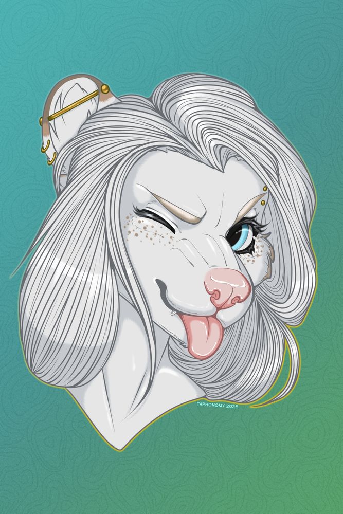 A digital illustration of a furry femme winking at the viewer, with a scrunched nose and her tongue stuck out.