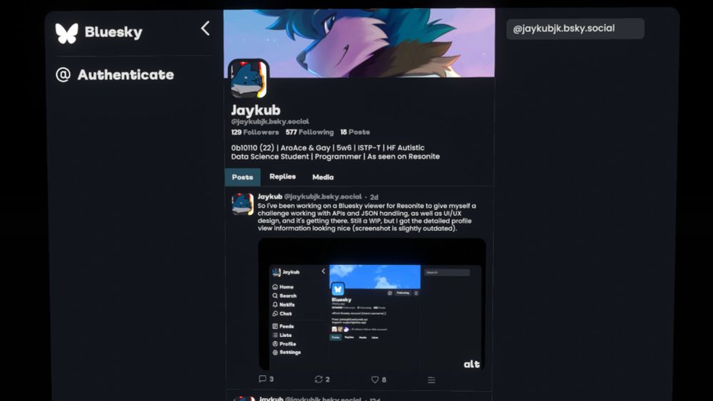 A screenshot of the Resonite Bluesky viewer in-game, using the Bluesky API to display information about my profile while not being authenticated to Bluesky. Included in the profile view is a UI element displaying one of my posts with an image on it.