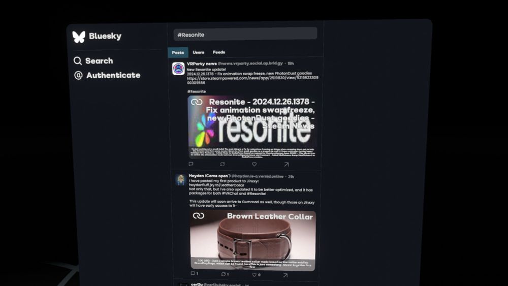 A screenshot of the search display within the Viewer. The functionality of it is exemplified with showing the results of searching "#Resonite" and pulling the latest results of it.
