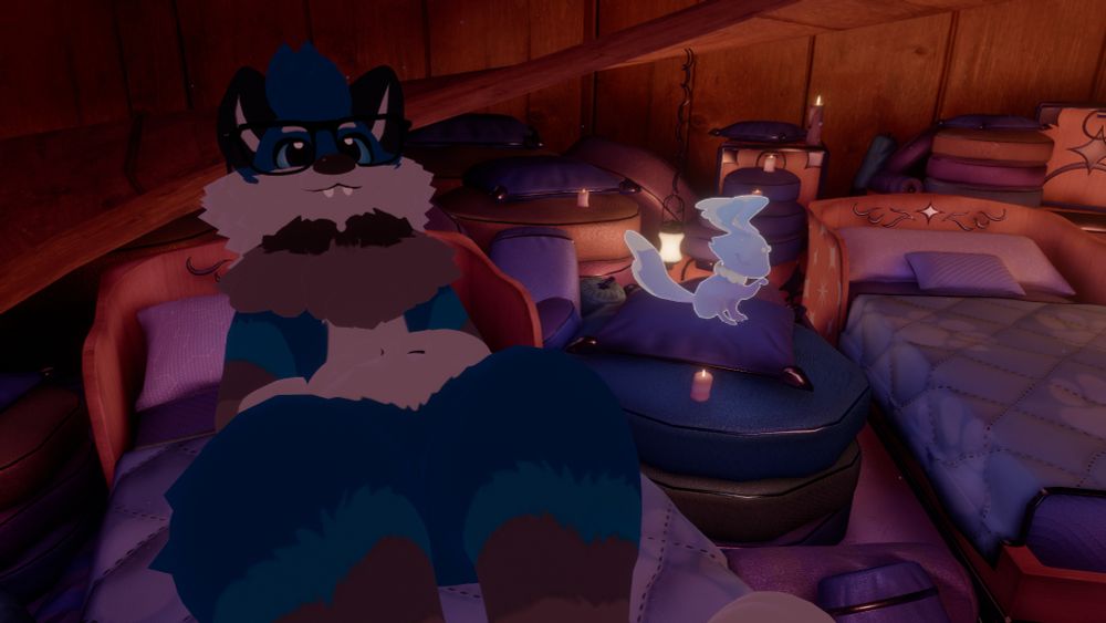 A selfie of my avatar laying on a bed in the Furality Somna lobby