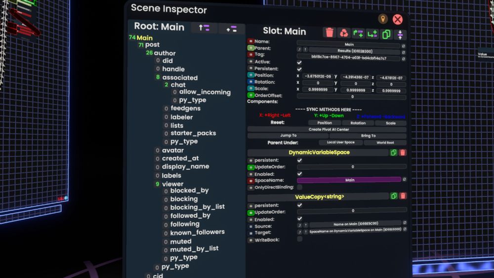 A picture of a scene inspector displaying the hierarchy of the parsed JSON (which said JSON is from a Bluesky API response).