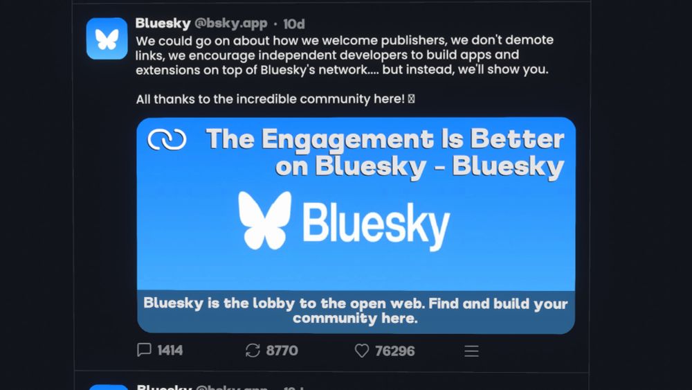 A screenshot within Resonite displaying what a post with a link attached looks like in the Resonite Bluesky viewer, using Bluesky's account as an example. The link is displayed similarly to an image embed, but the link title is displayed on the top and the link information is displayed below above the link's backdrop.