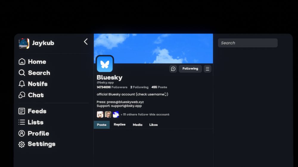 A slightly outdated screenshot of the Resonite Bluesky viewer in-game, displaying Bluesky's official profile to show off how the UI looks when viewing a profile.
