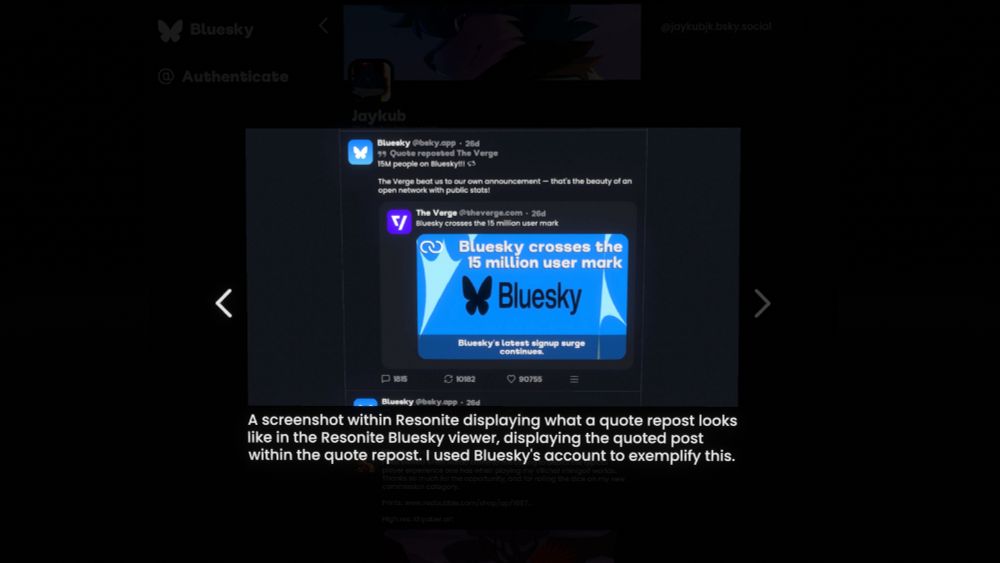 A screenshot of how the Viewer displays images upon clicking on them within a feed. Arrows are on the left and right of the image, allowing users to click on them to see any prior or posterior images in the embeds. If the post has any alt text, it gets displayed below the image.
