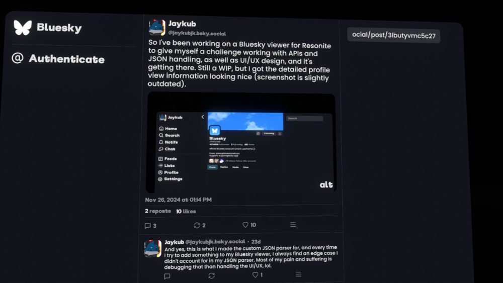 A screenshot of the post thread display within the Viewer. The main post is display in full, displaying some extra information like the exact posted date. Any replies are displayed underneath it, and if the main post is a reply itself, the parent reply chain would be displayed above.