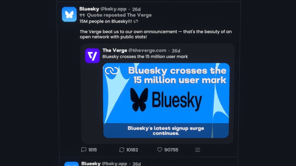 A screenshot within Resonite displaying what a quote repost looks like in the Resonite Bluesky viewer, displaying the quoted post within the quote repost. I used Bluesky's account to exemplify this.
