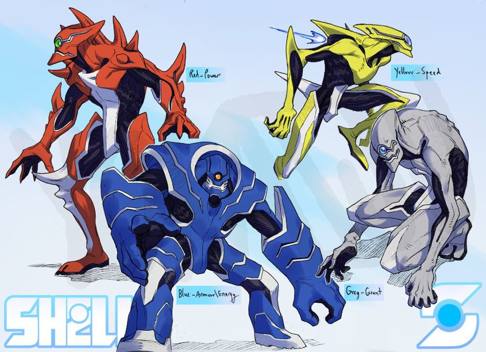 Several of the titular SHELLs from the user's personal project, SHELL. They are all based on a human host.
The rightmost is the most basic, grey and lanky with a single blue 'core' in the 'visor', a mouth below that following the same jagged pattern, both outlined in white. The white accents form around its upper thighs and knees too, with the biceps, side of torso, palms, front of neck and soles of the feet being black and striped with muscle fibres.
Above it and to the left is a speed-focused SHELL, yellow and aerodynamic, with a small thruster in its back, a long head and fin-like protrusions on its elbows, back and hips.
To the left of that is the defense and energy focused SHELL, blue and bulky with several ridges in its armour (outlined in white), extending beyond the shoulders and elbows, and very large forearms. Its neck is also quite thick, and outlined in a ridged plate. Its core is orange.
The last is a SHELL focused on pure power, red and spiny, with spikes focused on the elbows, knees and back, claws on the hands and a two-pronged back of head. Its core is yellow.
