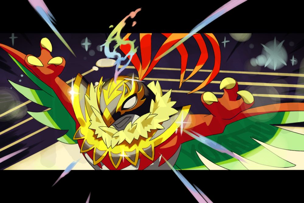 An image of Mega Hawlucha from Pokemon Legends ZA, posing dramatically. It's in a wrestling ring, arms spread wide, with flashing lights around it, a spotlight above and mega energy bursting out of the bounds of the crop into the borders of the image.