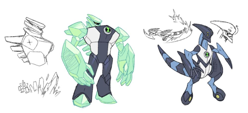 Redesigns of Diamondhead and XLR8 from the show Ben 10 (2005). Diamondhead has harsh, angular shapes with very wide shoulders, skinny biceps and massive forearms and hands. His face resembles a knight's visor, and he has a row of long crystal protrusions down his back.
XLR8 has large armoured sections on his thighs, shaped like teardrops with the points extending up and out. He also has four green 'lights' in his biological mask.