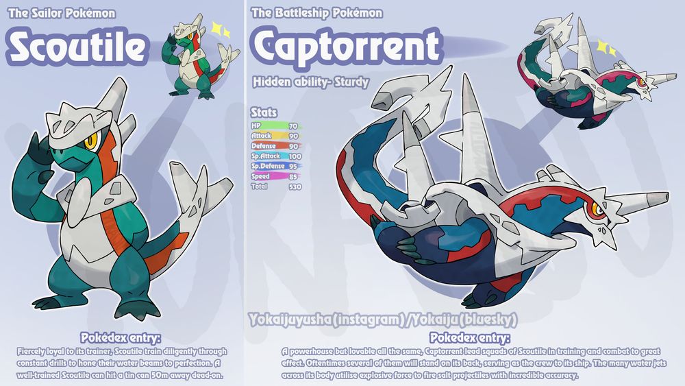 An image featuring two fakemon, Scoutile and Captorrent.
Scoutile is a greenish blue bipedal lizard, with white-grey salty plating on the head, shoulders, stomach and tail. The plating around the shoulders is stylised to resemble a sailor's kerchief. A red line runs between the white on the back of the neck and bottom of the tail and the blueish green skin.
It's posed with a hand to its head in a salute, with the other hand behind it. Its head has two spikes over each eye, two tubes from the back of the head and two from the tail placed like a shark's tailfins.

Captorrent is Scoutile's evolution, and as such resembles it. However, it's much larger, with a longer tail and thicker neck and a deeper blue colouration. The salt around its neck has formed the prow of a boat, with two spikes on its back like masts and six openings around those like cannons.
It has a fully armoured face with a yellow eye and white iris, three spikes above each eye, three on the chin and one either side of the back of the jaw and one tube-shaped cannon on the forehead. Two small ones point back from the neck. Its tail ends in a salt anchor, which also has openings from which to fire jets of water.