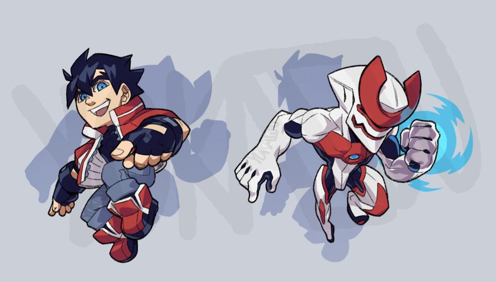 An image of two chibi versions of the user's OC, Akio.
The left is him in his default human form, dressed in his usual outfit of a red and white jacket, black leather gloves, grey jeans and red, white and black trainers/sneakers. He's pointing somewhere behind the camera while looking at the viewer.
The right is his SHELL form, readying a punch amped up with surge energy!