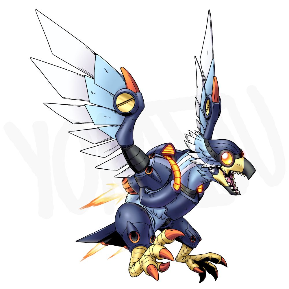 A fan digimon made by the user that resembled a light blue cyborg bird with dark blue armour.
It has robotic wings with metal feathers, thrusters emerging from the back of its shoulder armour and glowing vents and pipes from the front. Its leg armour has small thrusters to help with redirection; the lower legs are organic and end in three red claws with a fourth at the back of each foot.
Its head resembled a bird of prey's, though its beak is somewhat metallic with a black tip on the top and bottom jaws, sharp teeth and a large screw in either cheek. It has a fringe of white-tipped feathers emerging from the back of a dark blue leather cap, rimmed in black with glowing yellow round lenses.
Its tail is a flat metal wedge with two small thrusters.