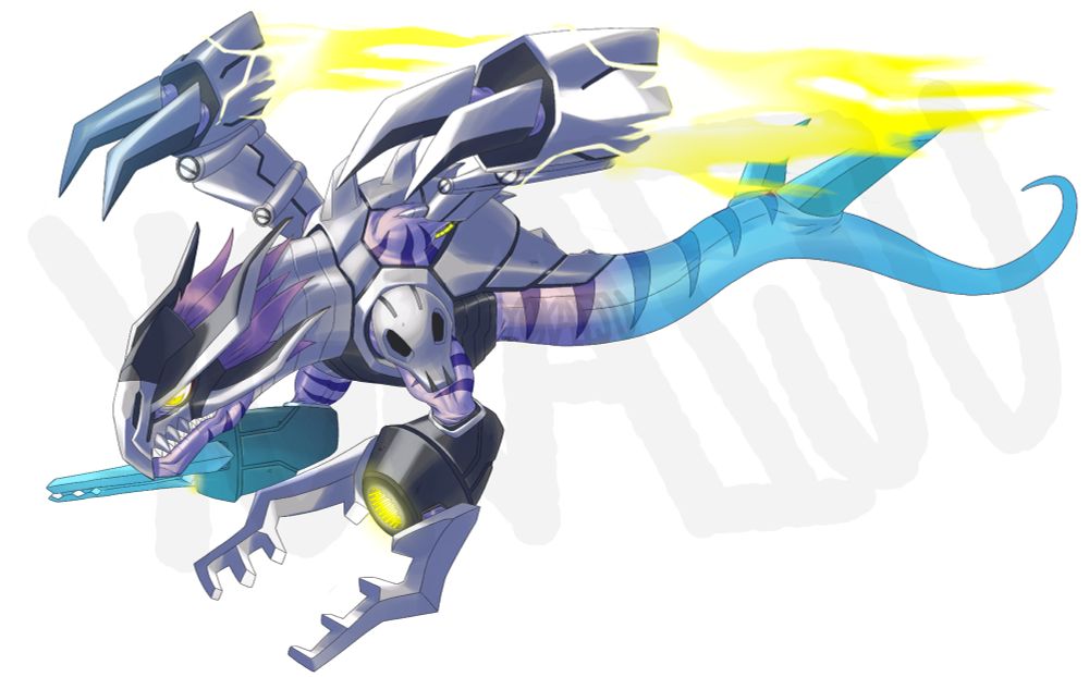 Gigadramon X largely resembles Megadramon X, but with no nose horn, mechanised wings with two blade claws and a large thruster in the back, and its bladed gauntlets are instead cannons with large silver beetle-jaw shaped pincers, acting as railgun segments. It is pale purple with darker stripes.