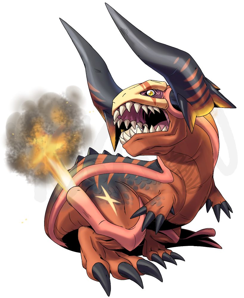 An image of the user's fan digimon Carnomon. It resembles a typical dinosaur digimon, but with short almost flipper-like arms (three claws and a thumb each), a large head with massive bull horns and a long thick tail.
Its head is boxy and has a boney mask over the front of its face, ending in pipe-shaped brow and cheek tubes that emit exhaust. Its horns are huge, with rocket thrusters and three fins each at the back end, along with red stripes that diminish in size until stopping halfway down the horn. Thick veins encircle the base of the horn, run down the side of the body and end in an exhaust on the tail, and a similar vein is on each thigh. The thigh vein closest to us is releasing an explosive blast, like a car backfiring. It has a light scar on the thigh and black coal-like scales on its back, with red stripes across it.
